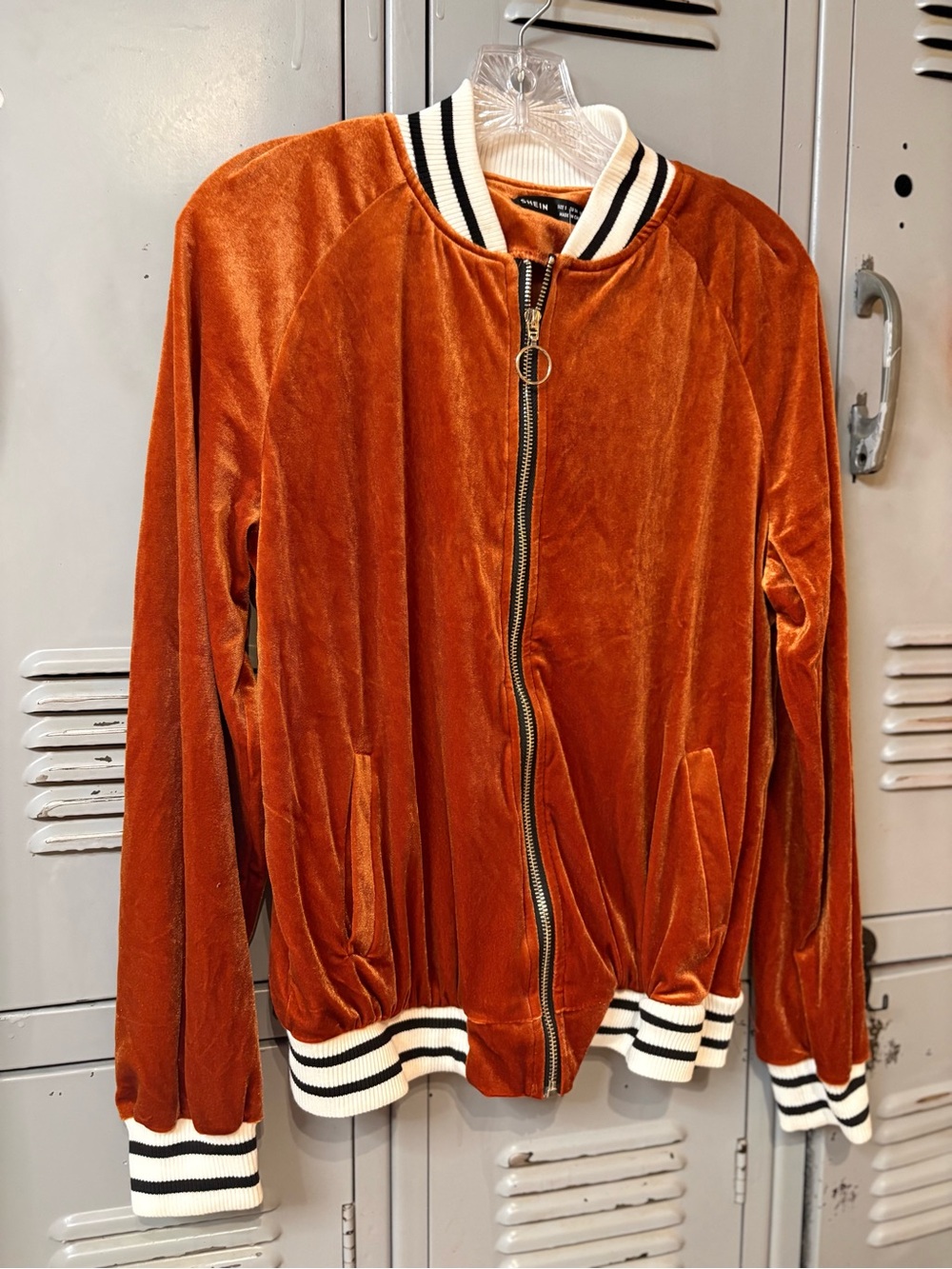 SHEIN Rust Velvet Bomber Jacket with Striped Trim